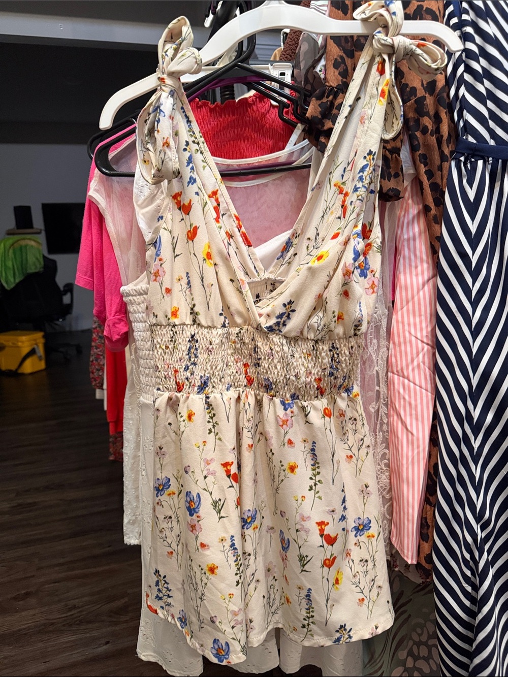 Floral Tie-Shoulder Smocked Waist Romper- Cream with Multicolor Flowers